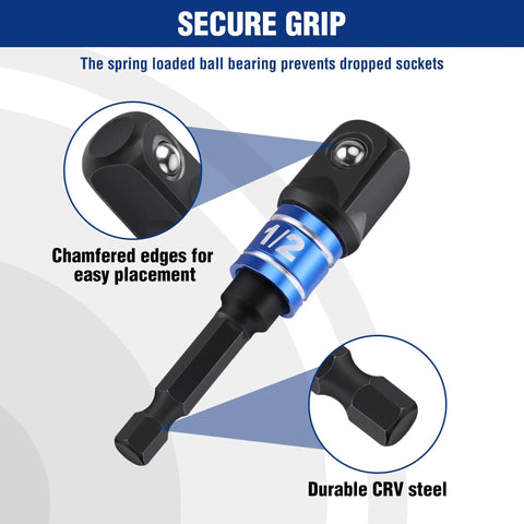 Impact Grade Socket Adapter Set for Quick Change Systems Converts From Hex Shank To One Quarter Inch Three Eighths Inch And One Half Inch Square Drives With Extension Bit Holder For Drills And High Torque Wrenches For Pros And DIYers, featuring secure grip design, durable CRV steel, and chamfered edges for easy placement.