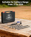 Laser Bore Sight Kit With 32 Adapters Red And Green Laser Sighting Universal Caliber Fit From 0.17 Up To 12 Gauge on wooden table