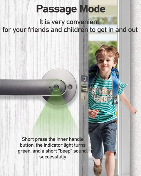 Smart Fingerprint Door Lock With Keyless Entry And Biometric Handle, Auto Lock, Passage Mode, boy exiting through door with lock