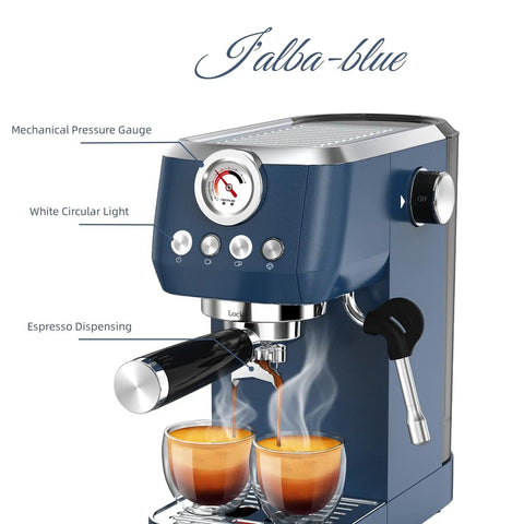 Premium 20 Bar Espresso Machine With A Beefy 10mm Steam Wand And Integrated Milk Frother, brewing espresso into two cups.