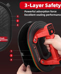 Hands holding Electric Suction Cup Lifter With LED Display 573 Lbs Max Load 10 Inch Base Dual 3000mAh Batteries, showing 3-layer safety