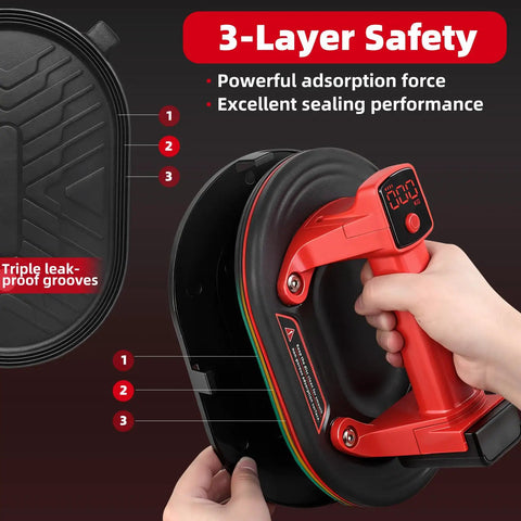 Hands holding Electric Suction Cup Lifter With LED Display 573 Lbs Max Load 10 Inch Base Dual 3000mAh Batteries, showing 3-layer safety