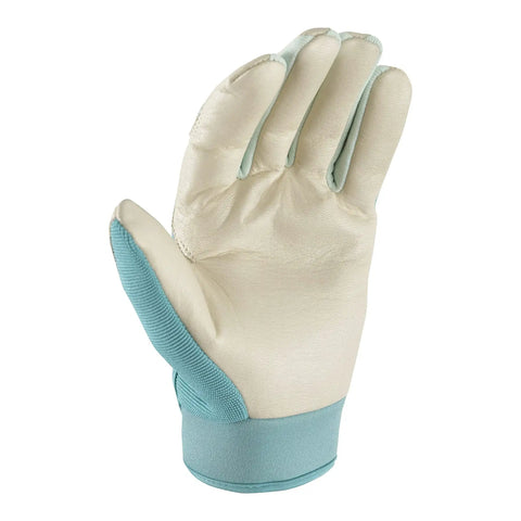 HydraHyde Water Resistant Leather Work And Garden Gloves For Women, Pro Grade Grip Ready, small size, showing palm and aqua cuff.