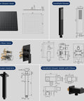 Matte Black Shower System With 12 Inch Rain Shower Head And Handheld Spray, Wall Mount Shower Faucet Set For Bathroom, diagram view