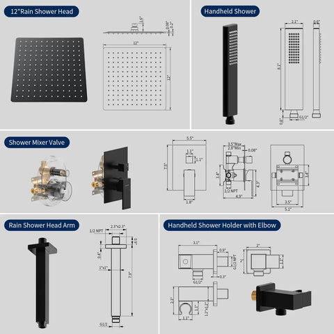 Matte Black Shower System With 12 Inch Rain Shower Head And Handheld Spray, Wall Mount Shower Faucet Set For Bathroom, diagram view