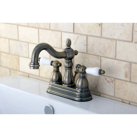 Antique Brass 4-Inch Centerset Bathroom Faucet Deck Mount 3-Hole Setup With Drip-Free Washerless Cartridge Includes Pop-Up Drain