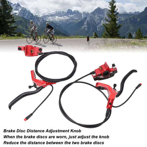 Upgrade Your Ride With This Heavy Duty Disc Brake Kit For Mountain Road And E Bikes Featuring Aluminum Alloy Hydraulic Mechanical Front Rear Setup Rock Solid Stops Tight Grip, showcasing red hydraulic brake levers and calipers.