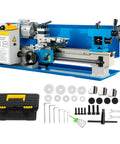 7x14 Inch Mini Metal Lathe Machine For Benchtop Use, Variable Speed Up To 2500Rpm with accessories and tools displayed beside it.