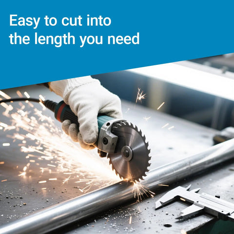 Side view of 304 stainless steel pipe, 1 in OD, 20 in length, being cut with a grinder (sparks).