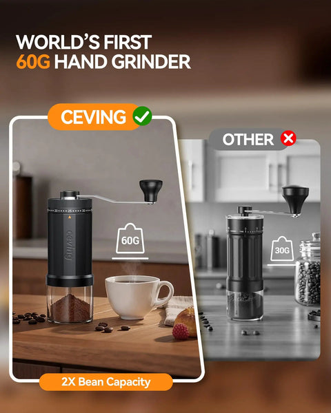60g Large Capacity Manual Coffee Grinder With 40 Adjustable Settings, Stainless Steel Burrs, shown with coffee cup