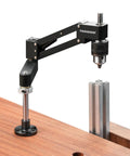 Precision Cantilever Tapping Arm For Hand Drill With Flexible Vertical Tap Guide Heavy Duty Aluminum Build positioned above aluminum profile.