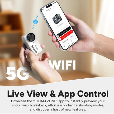 Person holding phone and C110 Plus Action Camera 4K Video With Gyro Stabilization And Audio Recording For Vloggers Bundle Includes 64GB Micro SD Card Card Reader Card Wallet And USB C Adapter showing 5G WiFi connectivity.