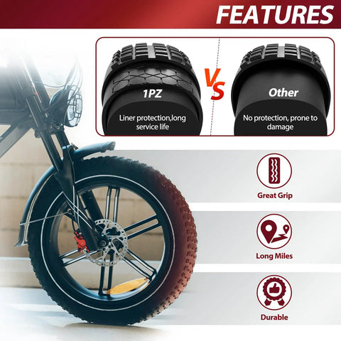 Close-up of mountain e-bike tire showing puncture proof tire insert for 20x4.0 bike tires, no flat liner vs standard tire.