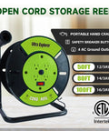 Heavy Duty Extension Cord Storage Reel With Four Grounded Outlets Pro Grade Portable Hand Crank Cord Roller For 12-3 14-3 16-3 Power Cords Open Reel Organizer Green, showing reel with hand crank and safety breakers.
