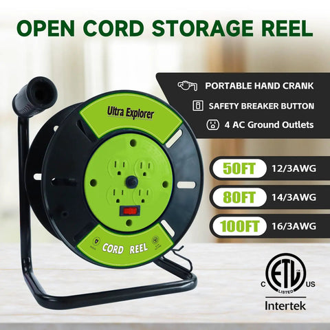 Heavy Duty Extension Cord Storage Reel With Four Grounded Outlets Pro Grade Portable Hand Crank Cord Roller For 12-3 14-3 16-3 Power Cords Open Reel Organizer Green, showing reel with hand crank and safety breakers.