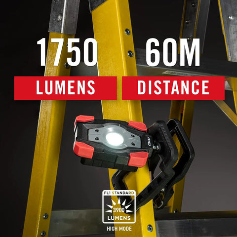 Rechargeable Dual Power LED Work Light With Magnetic Clamp 1750 Lumen Bright Flood Beam attached to ladder