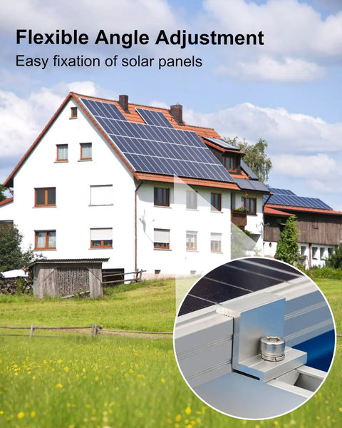 Rock Solid Solar Panel Mounting Brackets With Easy Flex Angle Tweak And Heavy Duty 1.06 Inch Rails snugly holding solar panels on a house.