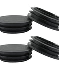 Paquete de 4 tapones de plástico Inch con tapas negras para tubos redondos: vista apilada y lateral