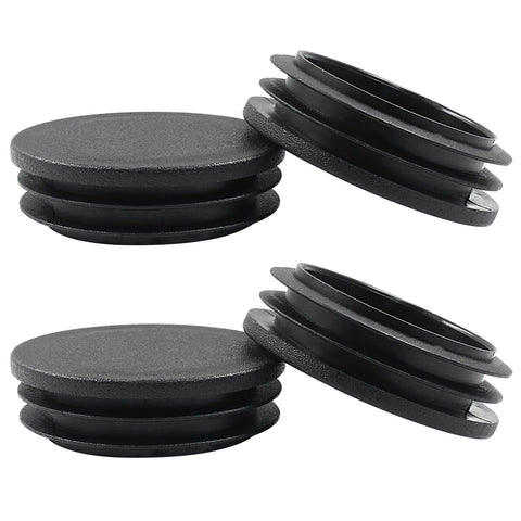 Paquete de 4 tapones de plástico Inch con tapas negras para tubos redondos: vista apilada y lateral