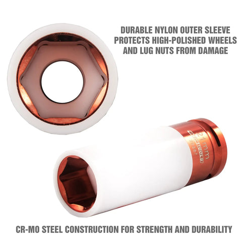 Professional Grade Half Inch Drive 21mm Thin Wall Lug Nut Socket With Non Marring Sleeve For High Polish Rims Chrome Whips And Alloy Wheels Drop In Ready