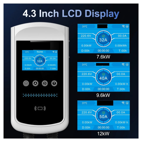 Portable EV Charger With NACS Plug For Home Garage Or Road Trips Featuring 32A Up To 40A 12KW Fast Charging LCD display panel with charging stats.
