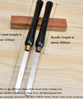 Top Notch Eight Piece Wood Lathe Chisel Set Featuring Razor Sharp High Speed Steel Blades And Tough Beech Handles That Grip Tight For Hella Durable Turning Mastery, showing two chisels with measurements on wooden surface.