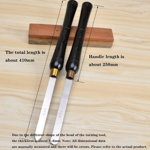 Top Notch Eight Piece Wood Lathe Chisel Set Featuring Razor Sharp High Speed Steel Blades And Tough Beech Handles That Grip Tight For Hella Durable Turning Mastery, showing two chisels with measurements on wooden surface.