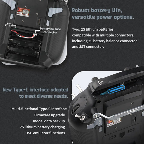 Back view of 16 Channel OpenTX RC Transmitter showing battery compartment and Type-C interface for versatile power and connectivity options.