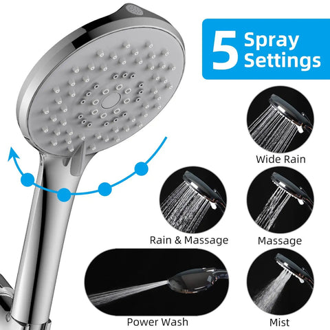 Five Function Handheld Shower Head With 70.8 Inch Stainless Steel Hose And Bracket Chrome Finish 4.7 Inch Hand Shower 6 Feet Hose Plumber Tape Easy Clean Power Wash Massage Rain Mix Mist