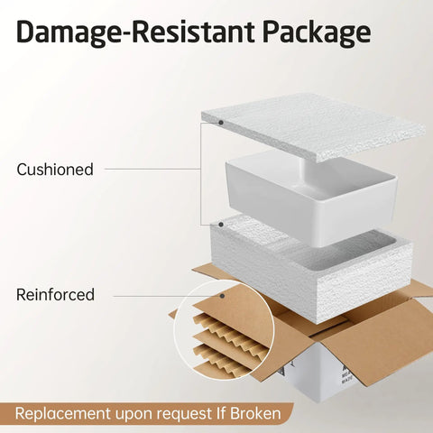 Packaging of Rectangular White Vessel Sink For Bathroom Countertop With Premium Glaze, secured in cushioned and reinforced box