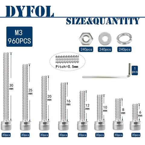 Hella Versatile M3 Screw Assortment Kit Packed With 960 Pieces Of 304 Stainless Steel Hex Socket Head Bolts And Matching Nuts Washers Sized 6 To 30 mm For 3D Printers And DIY Projects in displayed sizes with quantity.