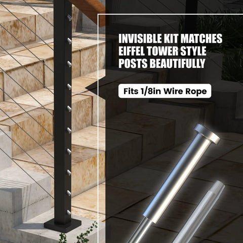 Invisible Stainless Steel Cable Railing Kit for One Eighth Inch Cable, shown with metal post and turnbuckles for stairs.