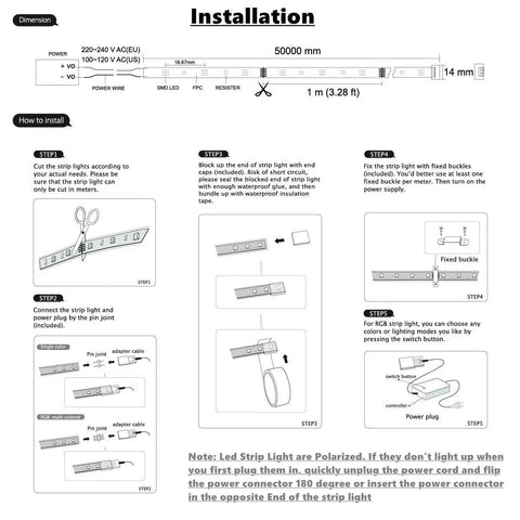 Installation guide for Warm White LED Strip Light 131Ft 40m Waterproof Flexible Rope With Remote Dimmable SMD5050