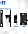 Solid 4 Pack RV Cabinet Latches Kit with size dimensions, Quiet Manual Push Locks, ABS Plastic Construction, Black color