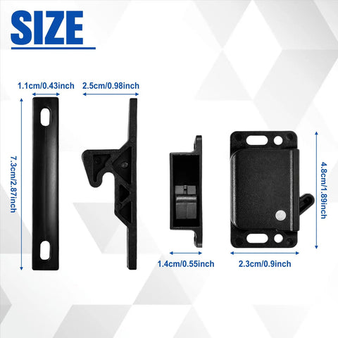 Solid 4 Pack RV Cabinet Latches Kit with size dimensions, Quiet Manual Push Locks, ABS Plastic Construction, Black color