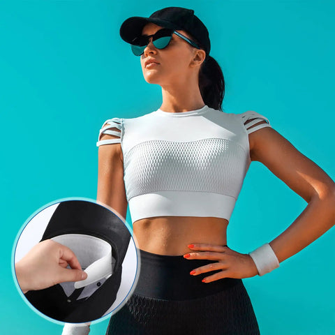 Woman wearing a black cap with inset showing 100 Pack Disposable Hat Sweat Liners For Baseball Caps application.