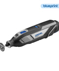 Dremel 8240 cordless rotary tool, side view with attached cutting wheel and blue accents