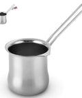 Stainless Steel 16oz Coffee Warmer With Ergonomic Hanging Handle for home and cafe use, visible side view with hanging handle.