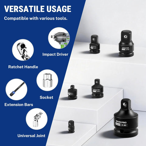 The Ultimate WorkPro 6-Piece Impact Socket Adapter Set Made From Heavy Duty CR-MO Steel Includes Reducers And Extenders Plus A Tough Case For Garage Hacks And Pro Repairs: adapters on display