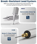 Diagram showing 0.7Mm Metal Mechanical Pencil For Drafting And Art Pro Grade Sketching Tool With Eraser And 60 HB Lead Refills features.