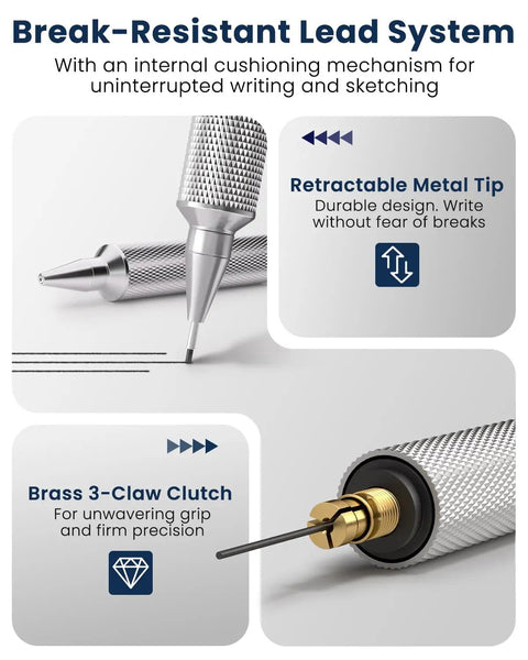 Diagram showing 0.7Mm Metal Mechanical Pencil For Drafting And Art Pro Grade Sketching Tool With Eraser And 60 HB Lead Refills features.