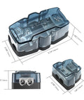 Heavy Duty Fuse Distribution Combo Block For Dual Amplifier Ground Wiring Zero To Four Gauge Input Twin Output Terminals Zinc Die Cast Shell with dimensions shown.