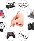 Person holding a Micro Precision Screwdriver Set for Eyewear Watches and Jewelry with devices like cameras, drones, phones, and glasses around it.