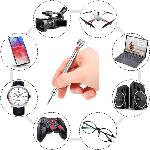 Person holding a Micro Precision Screwdriver Set for Eyewear Watches and Jewelry with devices like cameras, drones, phones, and glasses around it.