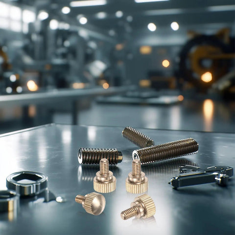 Heavy Duty Solid Brass M4x6mm Knurled Thumbscrew Pack With Grippy Quick Swap Bolts For PC Builds And Electronics Repair No Sweat Diy Fasteners Built Rock Solid on a reflective surface.