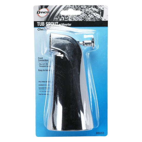Tub Spout With Front Pull Up Diverter in chrome finish packaged for replacement, fits 1/2 inch threaded pipe, DIY ready