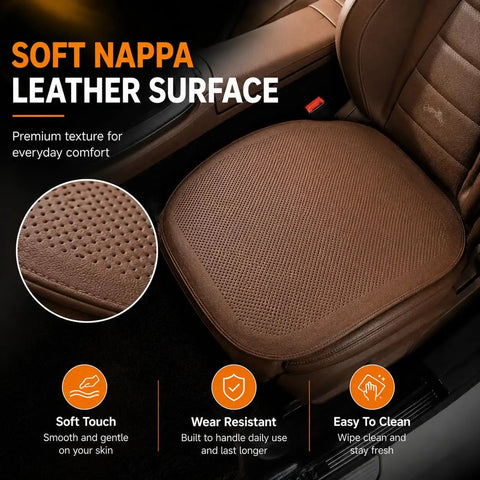 Stylish Leather Car Seat Cushion For Mini Roadster And Countryman Featuring Breathable Perforated Surface With Non-Slip Base shown on a car seat.