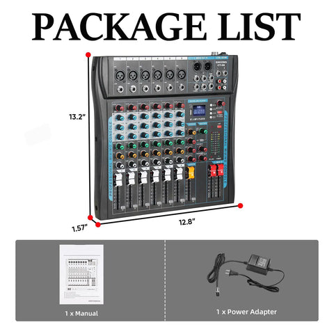 Package contents of 6 Channel USB Audio Mixer For Streaming And DJ Sets With Built In 16 DSP Effects