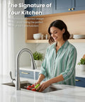 Touchless Kitchen Faucet With Pull Down Sprayer, Motion Sensor Hands Free Convenience, woman using smart sink faucet