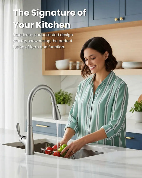 Touchless Kitchen Faucet With Pull Down Sprayer, Motion Sensor Hands Free Convenience, woman using smart sink faucet